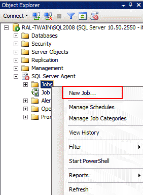 Location of New Job in Object Explorer.